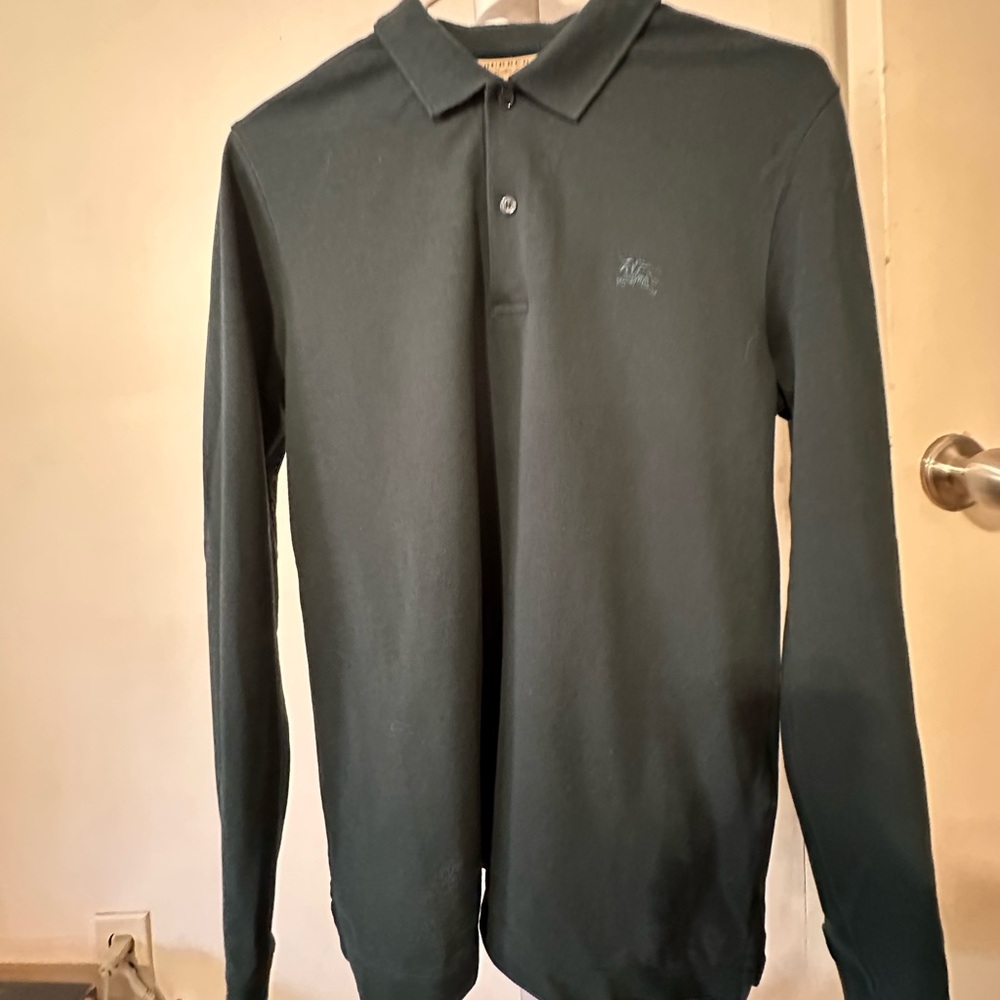 ⭐️Burberry Hunter Green Long Sleeve Polo w/Plaid Inset, Excellent Condition! S